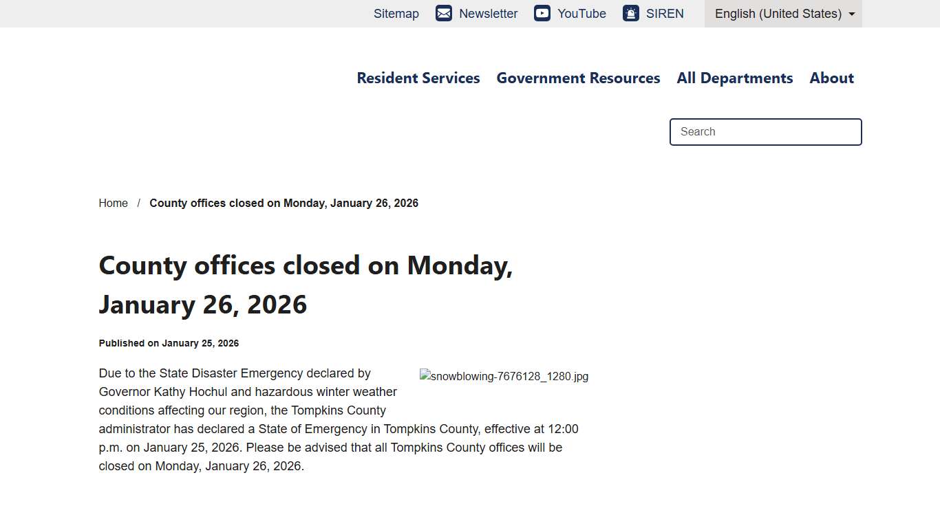 County offices closed on Monday, January 26, 2026 Tompkins County